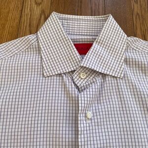 ISAIA Lavender Grid Check Shirt 15.5/39 Made In Italy Spread Collar 100% Cotton